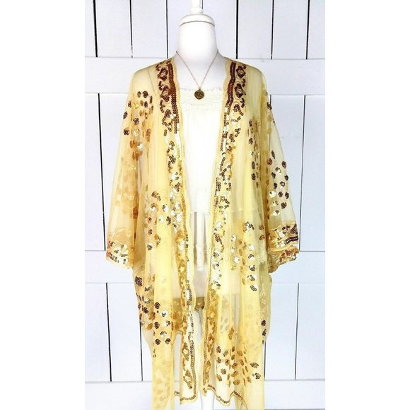Gold sheer mesh peacock sequin kimono cover up - Picture 2 of 5